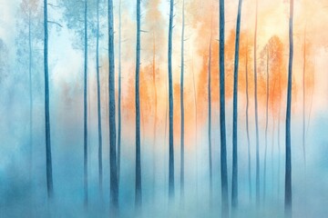 Poster - A group of trees in a dense foggy forest, ideal for nature and landscape images