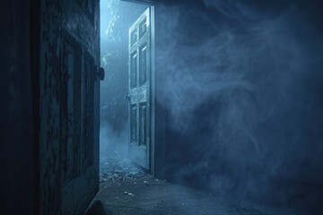Poster - A mysterious open door with smoke billowing out, suitable for use in crime or suspense scenes