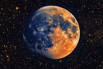 Wall Mural - A blue and orange moon shining bright in a star-filled night sky