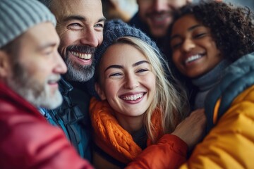 Poster - A group of people embracing each other with big smiles