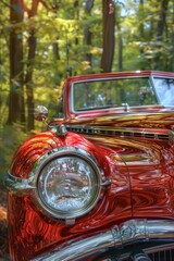 Poster - A red car parked in the woods, perfect for outdoor scenes or nature-inspired compositions