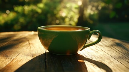 Poster - A cup of coffee sits on a wooden table, ready to be enjoyed