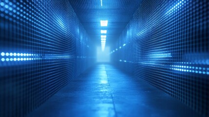 Wall Mural - a long, narrow corridor with blue neon lights and a textured surface.