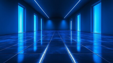 Wall Mural - a long, narrow, empty corridor with blue neon lights and doors at the end, reflecting on the glossy 