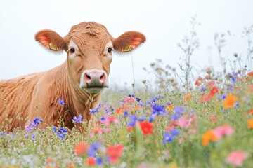 Poster - A brown cow grazing in a field of colorful flowers