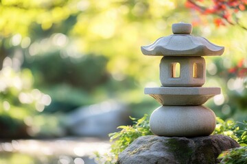 Poster - A single stone lantern sitting on top of a rock in a natural setting