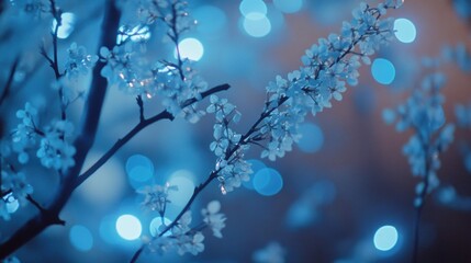 Poster - Close-up shot of a tree branch with blue lights shining in the background, ideal for use in festive or winter-themed designs