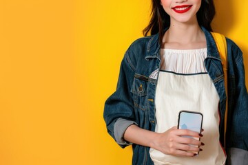 Wall Mural - A woman holds a cell phone while wearing a denim jacket