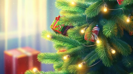 Poster - A festive Christmas tree decorated with ornaments and lights