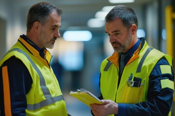 Poster - Two construction workers examining a project site with a clipboard