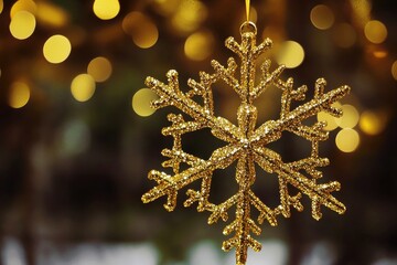 Poster - A golden snowflake ornament hangs from a tree branch, decorated for the winter season