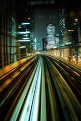 Aufkleber - Nighttime cityscape with a train passing through
