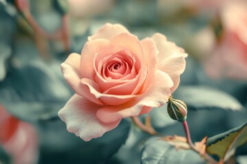 Poster - A detailed view of a pink rose with green leaves