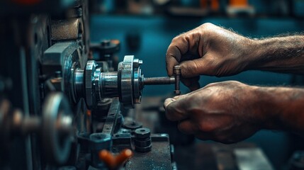 Poster - Close-up of a Man's Hands Working on a Metal Machine with a Nut and Bolt