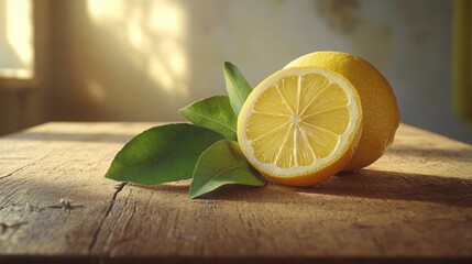 Poster - A freshly cut lemon resting on a wooden surface, perfect for decoration or use in a recipe