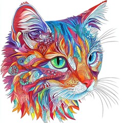 Wall Mural - Art for game coloring by number. Intricate artistic illustration of a cat's face in vibrant multicolored patterns, showcasing detailed textures, flowing lines, and striking green eyes