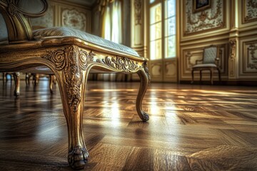 Poster - A simple wooden bench sitting on top of a hardwood floor, suitable for home decor or office settings