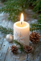Poster - A lit candle sitting on a wooden table, great for adding warmth and ambiance to any scene