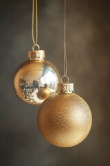 Poster - Two shiny Christmas ornaments hang from a string, ready for decoration