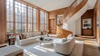 © BloomArt - Sunlit living room with curved wooden staircase, sofas, and large windows.