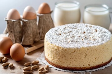 Poster - A picture of a cake with almonds and eggs on a table, ideal for use in recipes or food-related content