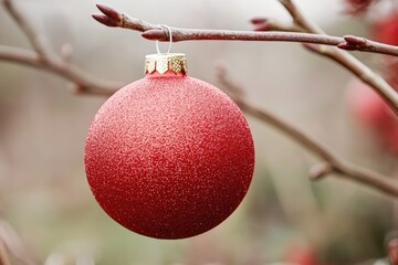 Aufkleber - A single red ornament is hanging from a tree branch, perfect for Christmas or holiday decoration
