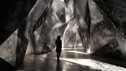 Wall Mural - Woman silhouetted in a geometric, abstract art installation.