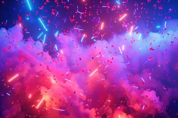 Poster - Colorful fireworks and confetti falling from a bright blue sky, perfect for celebrations and happy moments