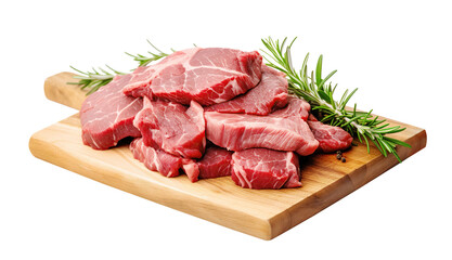 Fresh raw beef steaks arranged on wooden cutting board with sprigs of rosemary and black pepper, perfect for culinary and recipes. Isolated on transparent or white background.