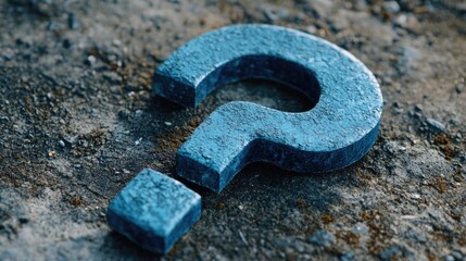 Poster - A blue question mark symbol sitting on the ground, often used as a thought-provoking or questioning element in various contexts