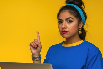 Poster - A woman sits with a laptop, possibly working or studying