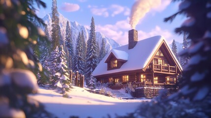 Fototapete - Snow-Covered Cabin in a Winter Wonderland