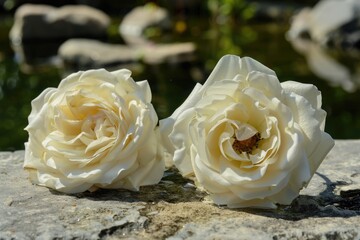 Aufkleber - Two white roses sit on top of a rocky outcropping