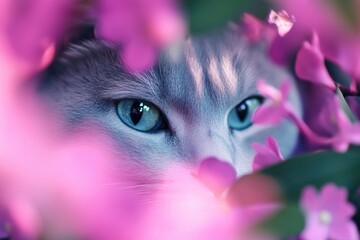 Poster - A close-up view of a cat's face surrounded by colorful flowers