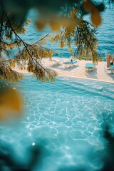 Poster - Poolside furniture and umbrellas near calm waters