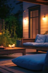 Poster - Cozy outdoor seating area with a sofa and table lit by candles, perfect for intimate gatherings or relaxing nights