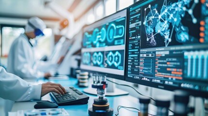 Poster - a person in a lab coat working on a computer, possibly researching or writing