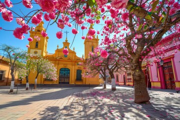 Poster - A tree with pink flowers stands in front of a bright yellow building, a beautiful scene
