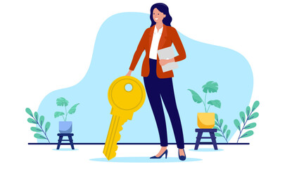 Aufkleber - Businesswoman key to success - Woman standing with big golden key opening new opportunities in career and business. Flat design vector illustration with white background