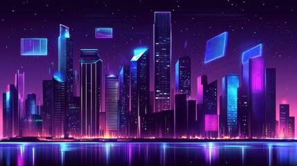 Poster - Neon Cityscape at Night Illuminated Skyscrapers