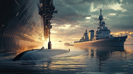 Naval Submarine and Warships Docked at Sunset, Showcasing Maritime Power and Defense Technology in Calm Waters with Dramatic Cloudy Sky