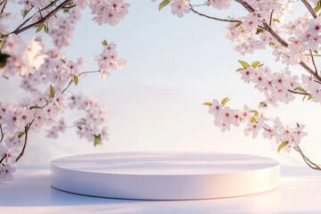 Poster - A white platform surrounded by pink flowers growing on a tree branch