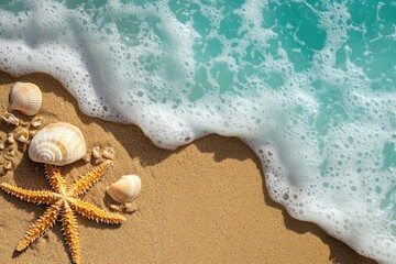 Poster - A starfish and shells sit together on a sandy beach beside the ocean, waiting for low tide