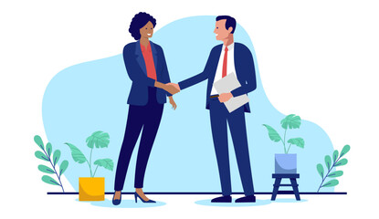 Aufkleber - Diverse business handshake - Professional corporate man and woman characters shaking hands at work in office smiling over deal and agreement. Flat design vector illustration on white background