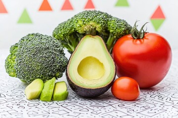 Poster - A bowl of fresh vegetables including broccoli, tomatoes, and avocado on a table