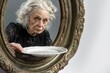 © Fotograf - A senior lady holds a plate in front of a mirror, looking at herself