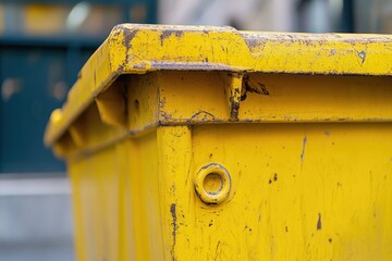 Poster - A close-up shot of a bright yellow trash can, great for use in illustrations about waste management or environmental issues