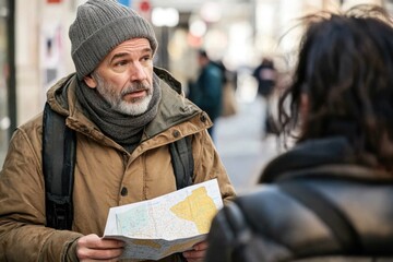 Poster - A person examining a map, possibly planning a trip or navigating unfamiliar terrain