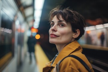 Poster - A woman stands on a train platform next to a train, waiting for her departure