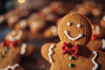 Poster - Close up of a gingerbread man wearing a bow tie, perfect for holiday or winter-themed projects